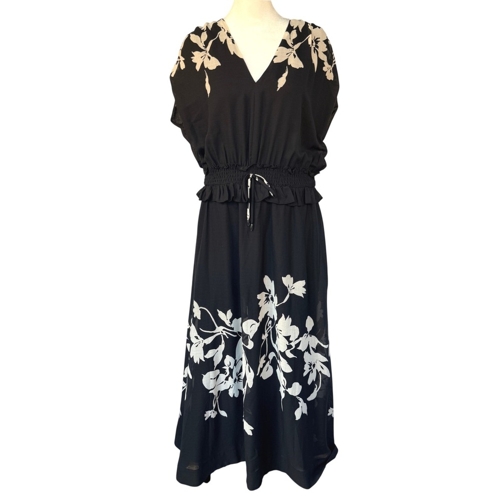 Taylor Womens Black Cream Floral V-Neck Smocked Waist Maxi Dress Cap Sleeve - Picture 3 of 9